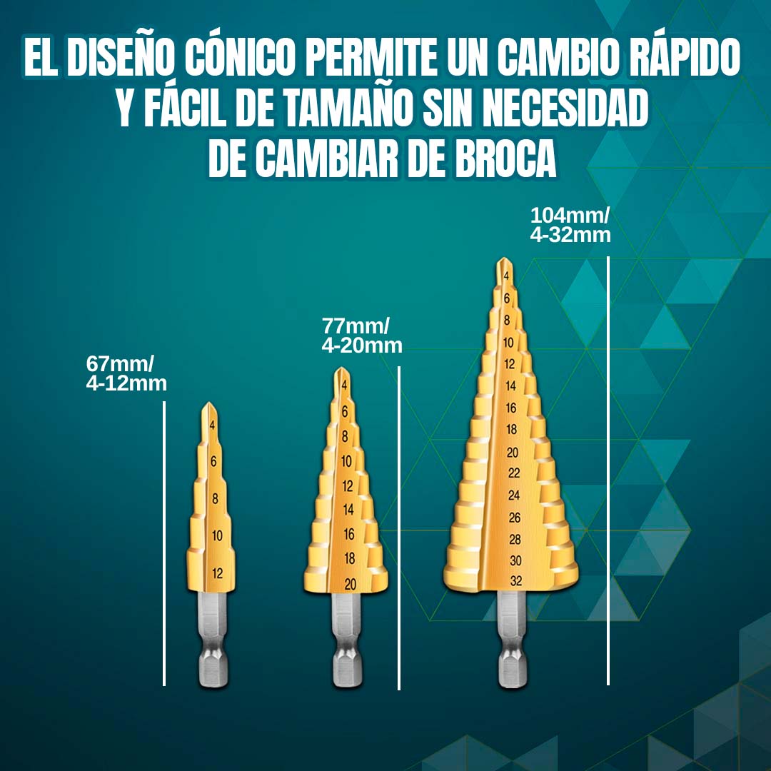 SET DE BROCAS CÓNICAS ESCALONADAS ??KIT 3 UNIDADES??