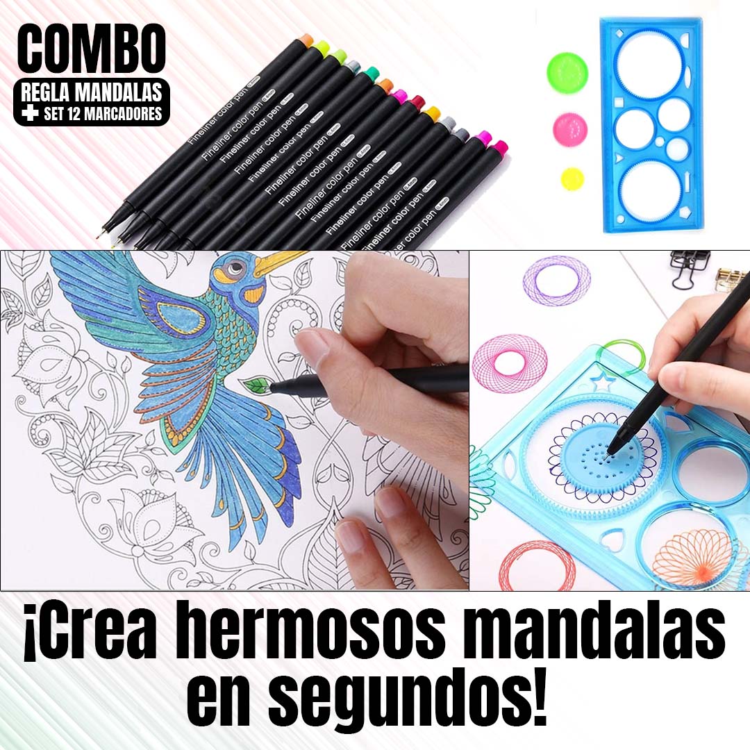 COMBO REGLA DE MANDALAS + CAJA de MARCADORES PUNTA FINA (12U)