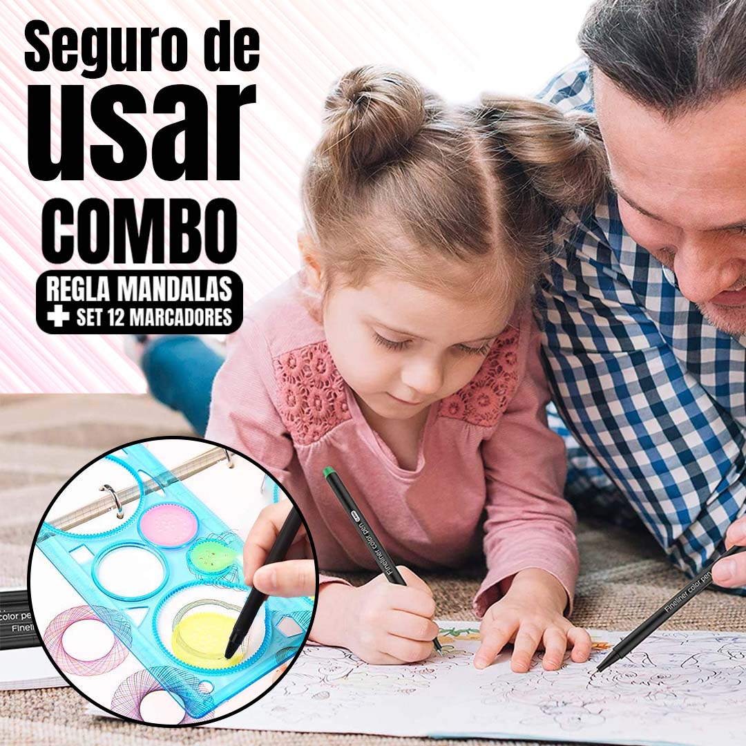 COMBO REGLA DE MANDALAS + CAJA de MARCADORES PUNTA FINA (12U)