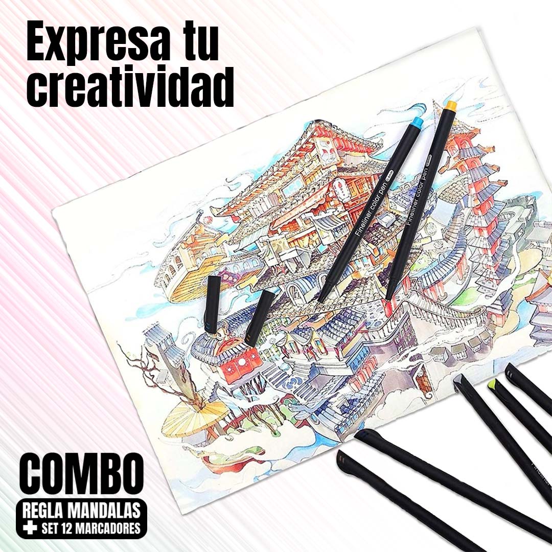 COMBO REGLA DE MANDALAS + CAJA de MARCADORES PUNTA FINA (12U)
