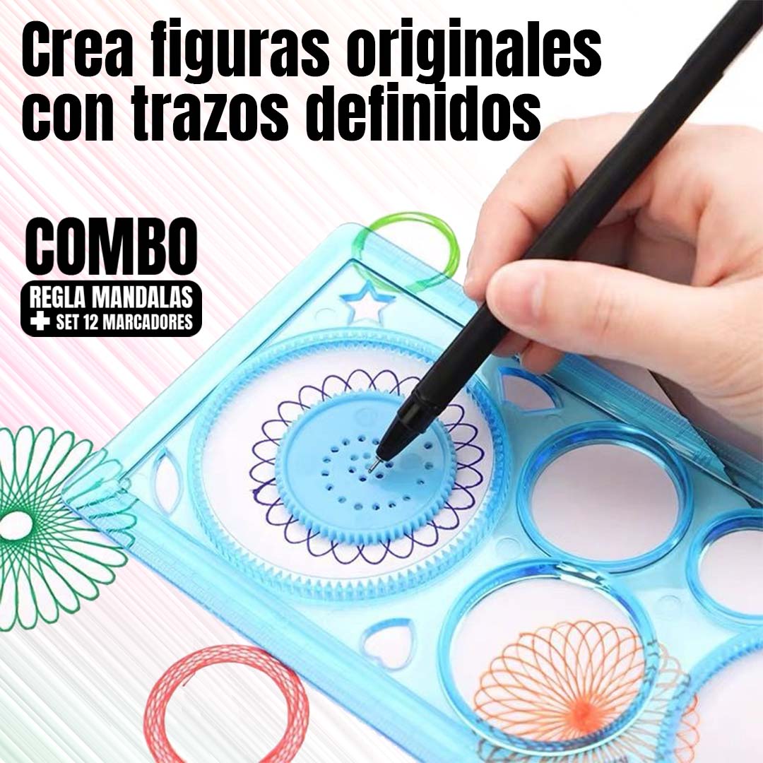 COMBO REGLA DE MANDALAS + CAJA de MARCADORES PUNTA FINA (12U)