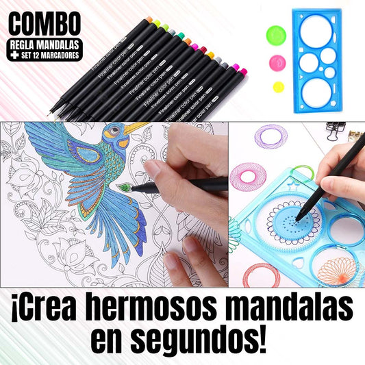 COMBO REGLA DE MANDALAS + CAJA de MARCADORES PUNTA FINA (12U)
