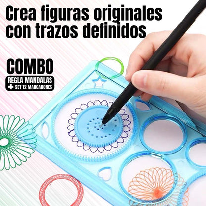 COMBO REGLA DE MANDALAS + CAJA de MARCADORES PUNTA FINA (12U)